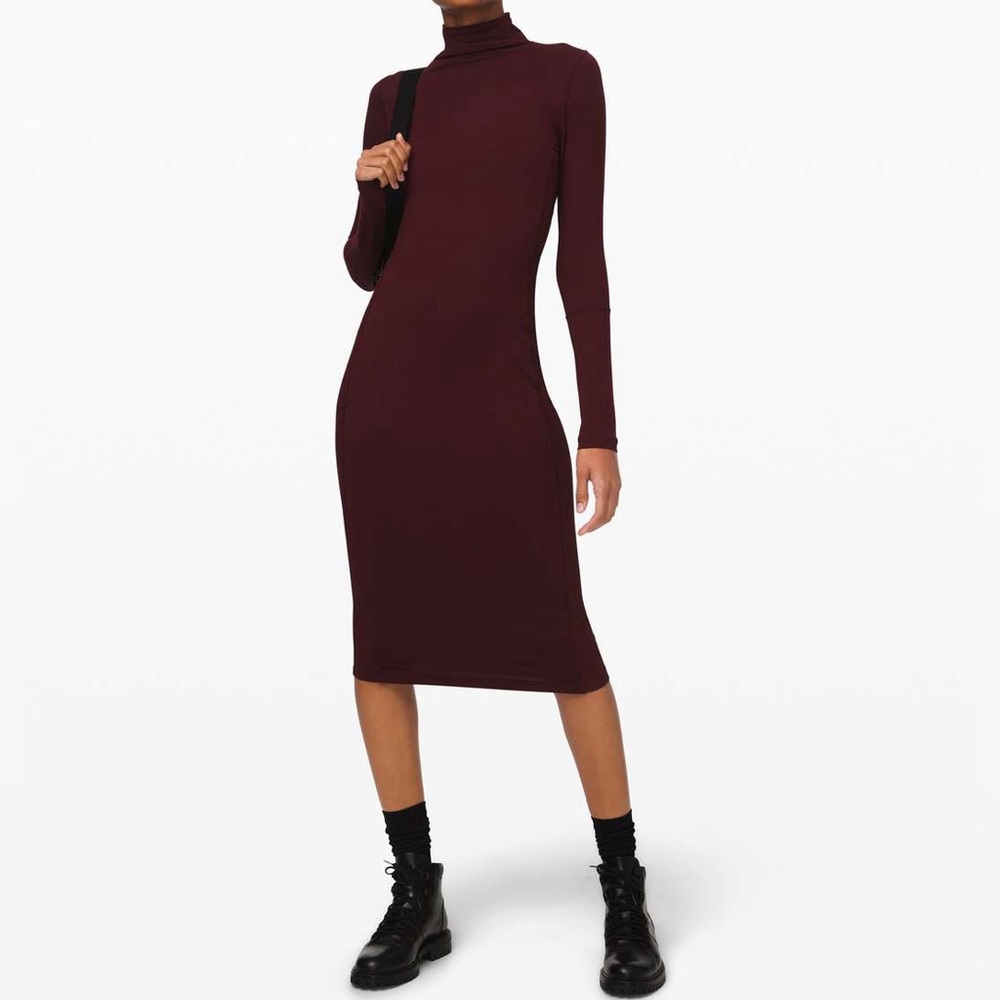 LULULEMON Mock Neck Dress! Maroon Garnet Berry Midi Long Sleeve